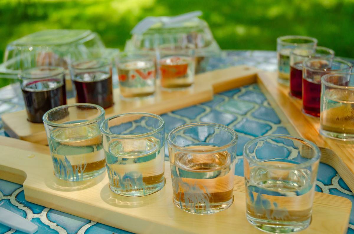 outdoor wine glasses colorful arranged on a picnic blanket with wine bottles and fresh fruit