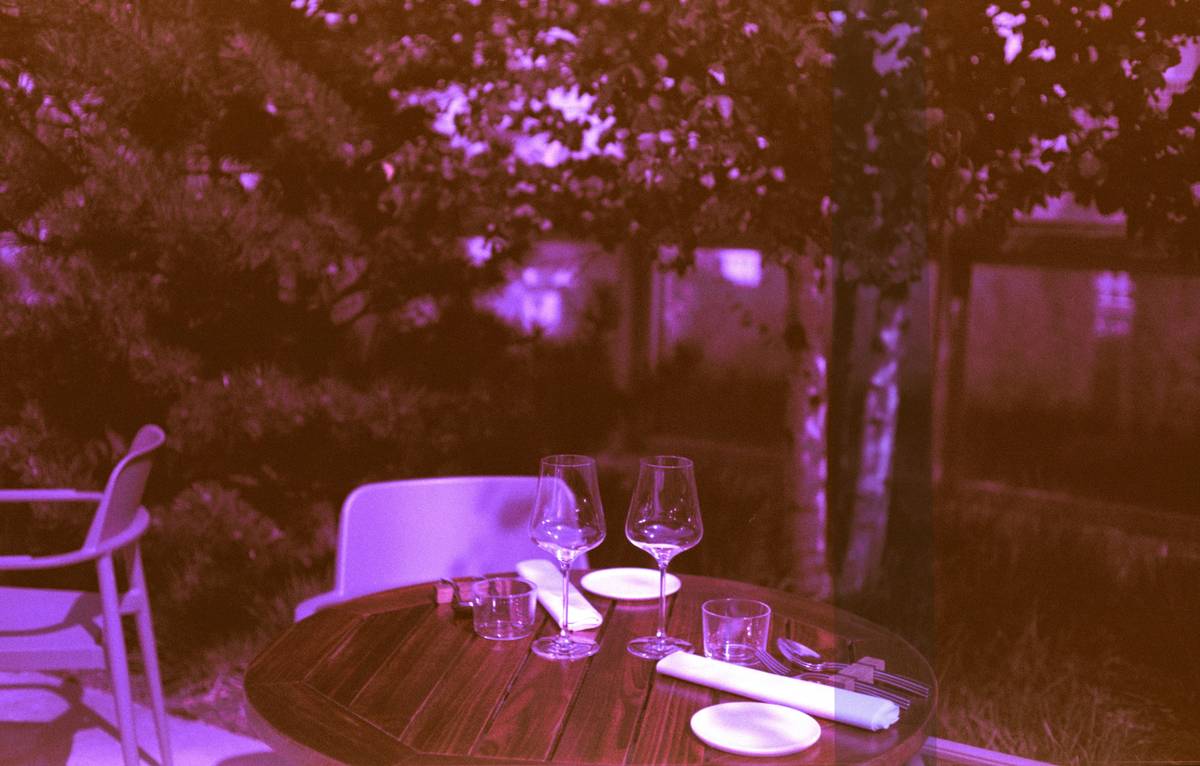 west elm outdoor wine glasses on a wooden picnic table with wine bottle and grapes